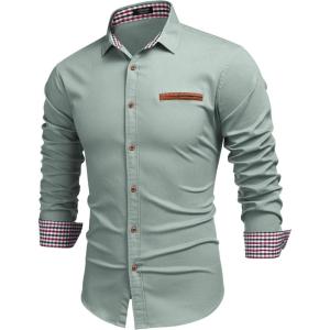 imageCOOFANDY Mens Casual Dress Shirt Button Down Shirts LongSleeve Plaid Collar Denim Work ShirtType 01  Green