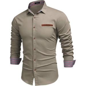 imageCOOFANDY Mens Casual Dress Shirt Button Down Shirts LongSleeve Plaid Collar Denim Work ShirtType 01  Khaki