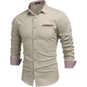 imageCOOFANDY Mens Casual Dress Shirt Button Down Shirts LongSleeve Plaid Collar Denim Work ShirtType 01  Light Khaki