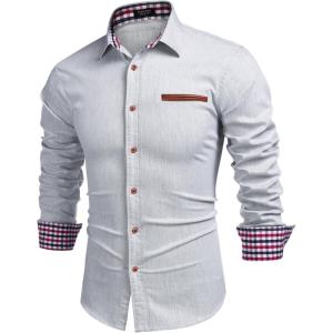 imageCOOFANDY Mens Casual Dress Shirt Button Down Shirts LongSleeve Plaid Collar Denim Work ShirtType 01  White