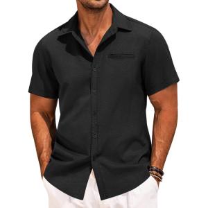imageCOOFANDY Mens Casual Linen Shirt Short Sleeve Button Down Shirt Summer Beach Hawaiian ShirtsBlack