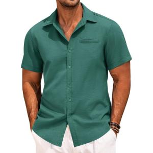 imageCOOFANDY Mens Casual Linen Shirt Short Sleeve Button Down Shirt Summer Beach Hawaiian ShirtsForest Green