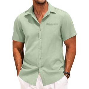 imageCOOFANDY Mens Casual Linen Shirt Short Sleeve Button Down Shirt Summer Beach Hawaiian ShirtsGreen