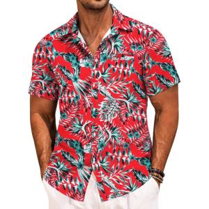 imageCOOFANDY Mens Casual Linen Shirt Short Sleeve Button Down Shirt Summer Beach Hawaiian ShirtsLeavesred