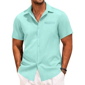 imageCOOFANDY Mens Casual Linen Shirt Short Sleeve Button Down Shirt Summer Beach Hawaiian ShirtsLight Green
