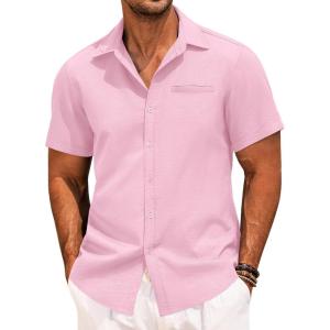 imageCOOFANDY Mens Casual Linen Shirt Short Sleeve Button Down Shirt Summer Beach Hawaiian ShirtsLight Pink