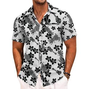 imageCOOFANDY Mens Casual Linen Shirt Short Sleeve Button Down Shirt Summer Beach Hawaiian ShirtsPineapplewhite