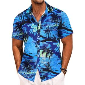 imageCOOFANDY Mens Casual Linen Shirt Short Sleeve Button Down Shirt Summer Beach Hawaiian ShirtsResort Islandblue