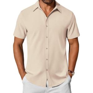 imageCOOFANDY Mens Casual Shirts Short Sleeve Button Down Shirt Wrinkle Free Summer ShirtBeige