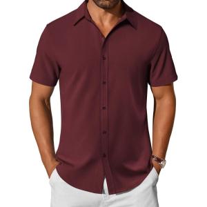 imageCOOFANDY Mens Casual Shirts Short Sleeve Button Down Shirt Wrinkle Free Summer ShirtWine Red
