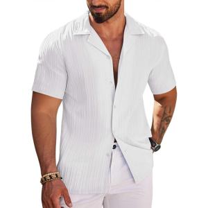 imageCOOFANDY Mens Casual Shirts Short Sleeve Button Down Shirts Fashion Textured Summer Beach ShirtA White