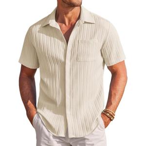 imageCOOFANDY Mens Casual Shirts Short Sleeve Button Down Shirts Fashion Textured Summer Beach ShirtBeige