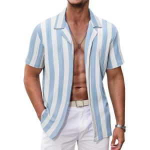 imageCOOFANDY Mens Casual Shirts Short Sleeve Button Down Shirts Fashion Textured Summer Beach ShirtBlue Thick Stripe