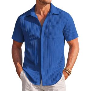 imageCOOFANDY Mens Casual Shirts Short Sleeve Button Down Shirts Fashion Textured Summer Beach ShirtClassic Blue