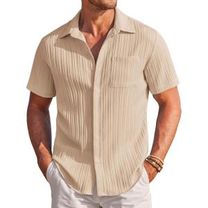 imageCOOFANDY Mens Casual Shirts Short Sleeve Button Down Shirts Fashion Textured Summer Beach ShirtKhaki