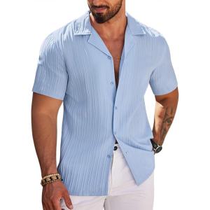 imageCOOFANDY Mens Casual Shirts Short Sleeve Button Down Shirts Fashion Textured Summer Beach ShirtLight Blue