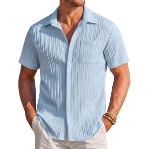 imageCOOFANDY Mens Casual Shirts Short Sleeve Button Down Shirts Fashion Textured Summer Beach ShirtLight Blue