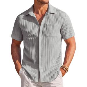 imageCOOFANDY Mens Casual Shirts Short Sleeve Button Down Shirts Fashion Textured Summer Beach ShirtLight Gray