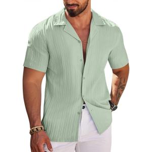 imageCOOFANDY Mens Casual Shirts Short Sleeve Button Down Shirts Fashion Textured Summer Beach ShirtLight Green