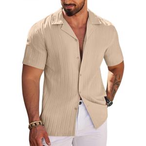 imageCOOFANDY Mens Casual Shirts Short Sleeve Button Down Shirts Fashion Textured Summer Beach ShirtLight Khaki