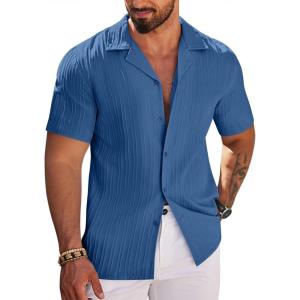 imageCOOFANDY Mens Casual Shirts Short Sleeve Button Down Shirts Fashion Textured Summer Beach ShirtNavy