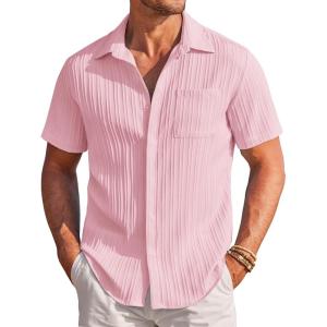 imageCOOFANDY Mens Casual Shirts Short Sleeve Button Down Shirts Fashion Textured Summer Beach ShirtOrange Pink