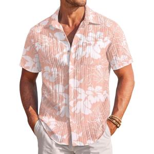 imageCOOFANDY Mens Casual Shirts Short Sleeve Button Down Shirts Fashion Textured Summer Beach ShirtPink White Floral