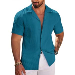 imageCOOFANDY Mens Casual Shirts Short Sleeve Button Down Shirts Fashion Textured Summer Beach ShirtTeal