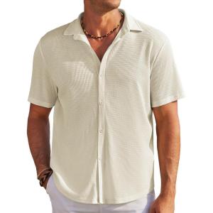 imageCOOFANDY Mens Casual Shirts Short Sleeve Waffle Knit Button Down Shirt Wrinkle Free Summer Beach TopsBeige
