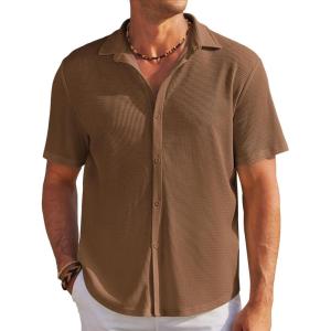 imageCOOFANDY Mens Casual Shirts Short Sleeve Waffle Knit Button Down Shirt Wrinkle Free Summer Beach TopsBrown