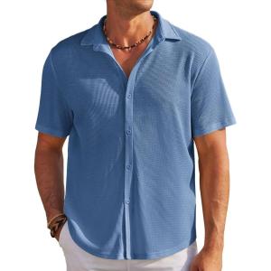imageCOOFANDY Mens Casual Shirts Short Sleeve Waffle Knit Button Down Shirt Wrinkle Free Summer Beach TopsDark Blue