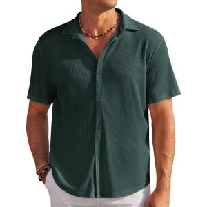 imageCOOFANDY Mens Casual Shirts Short Sleeve Waffle Knit Button Down Shirt Wrinkle Free Summer Beach TopsDark Green