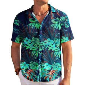 imageCOOFANDY Mens Casual Shirts Short Sleeve Waffle Knit Button Down Shirt Wrinkle Free Summer Beach TopsGreen Leaves