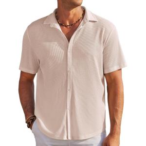 imageCOOFANDY Mens Casual Shirts Short Sleeve Waffle Knit Button Down Shirt Wrinkle Free Summer Beach TopsLight Khaki