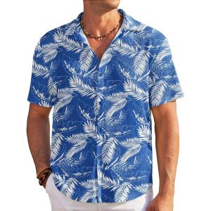 imageCOOFANDY Mens Casual Shirts Short Sleeve Waffle Knit Button Down Shirt Wrinkle Free Summer Beach TopsPalm Leaf Blue
