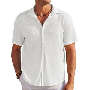 imageCOOFANDY Mens Casual Shirts Short Sleeve Waffle Knit Button Down Shirt Wrinkle Free Summer Beach TopsWhite