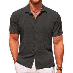 imageCOOFANDY Mens Casual Short Sleeve Button Down Shirt Textured Summer Beach ShirtDark Grey