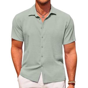 imageCOOFANDY Mens Casual Short Sleeve Button Down Shirt Textured Summer Beach ShirtLight Green