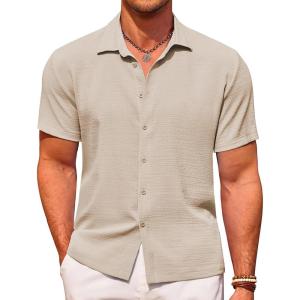 imageCOOFANDY Mens Casual Short Sleeve Button Down Shirt Textured Summer Beach ShirtLight Khaki
