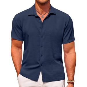 imageCOOFANDY Mens Casual Short Sleeve Button Down Shirt Textured Summer Beach ShirtNavy Blue