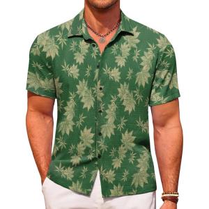 imageCOOFANDY Mens Casual Short Sleeve Button Down Shirt Textured Summer Beach ShirtPrinteddark Green