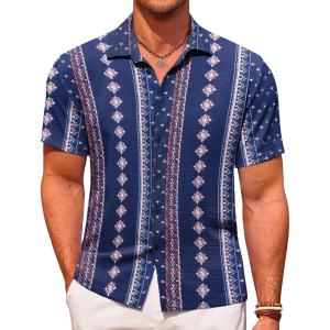 imageCOOFANDY Mens Casual Short Sleeve Button Down Shirt Textured Summer Beach ShirtPrintednavy Blue