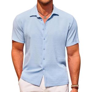 imageCOOFANDY Mens Casual Short Sleeve Button Down Shirt Textured Summer Beach ShirtSky Blue
