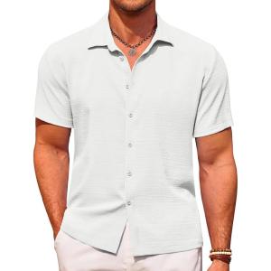 imageCOOFANDY Mens Casual Short Sleeve Button Down Shirt Textured Summer Beach ShirtWhite