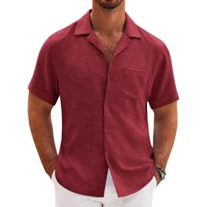 imageCOOFANDY Mens Casual Short Sleeve Button Down Shirts Cuban Linen Textured Shirt Summer Beach WearBurgundy