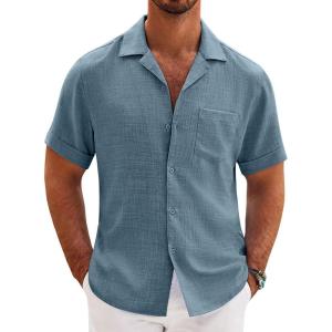 imageCOOFANDY Mens Casual Short Sleeve Button Down Shirts Cuban Linen Textured Shirt Summer Beach WearDark Blue
