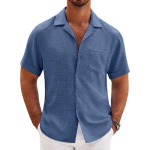 imageCOOFANDY Mens Casual Short Sleeve Button Down Shirts Cuban Linen Textured Shirt Summer Beach WearDenim Blue