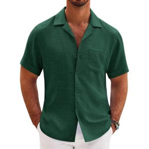 imageCOOFANDY Mens Casual Short Sleeve Button Down Shirts Cuban Linen Textured Shirt Summer Beach WearGreen