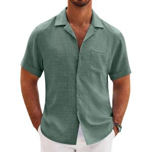 imageCOOFANDY Mens Casual Short Sleeve Button Down Shirts Cuban Linen Textured Shirt Summer Beach WearGrey Green