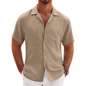 imageCOOFANDY Mens Casual Short Sleeve Button Down Shirts Cuban Linen Textured Shirt Summer Beach WearKhaki